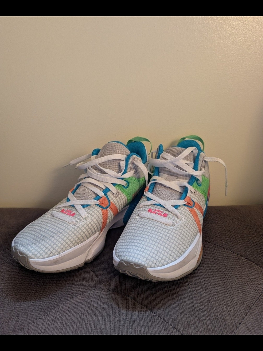 Nike White Sneakers with Green, Orange and Blue Accents